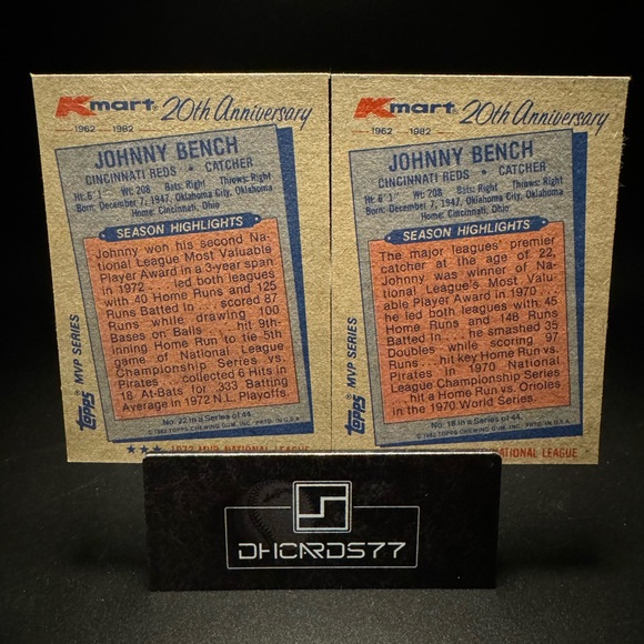 Pair of 1982 Topps Johnny Bench - Kmart 20th Anniversary Edition - Picture 2 of 2